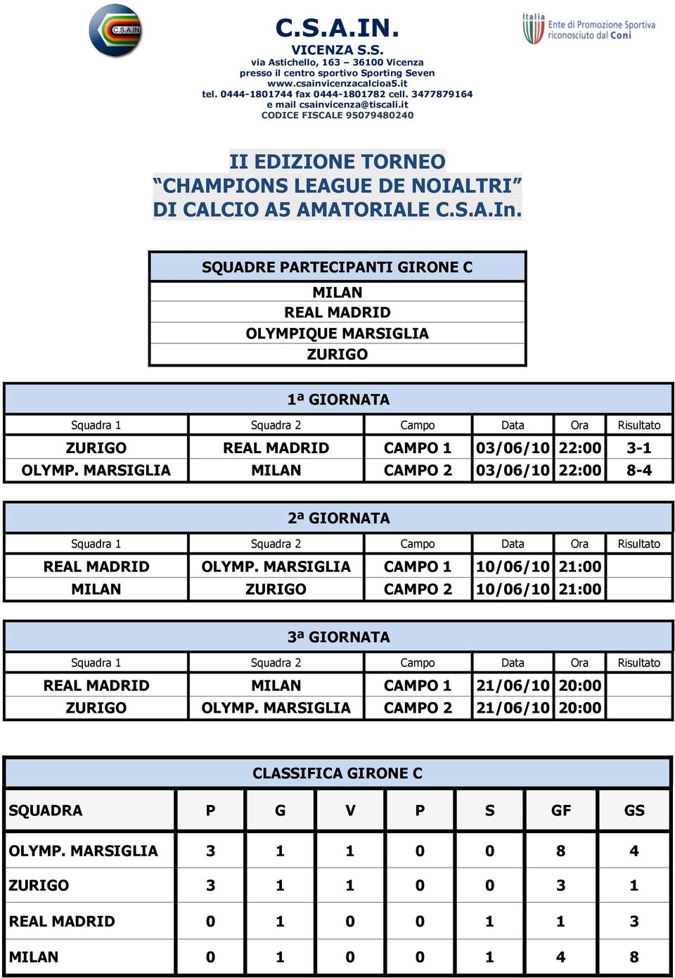 MARSIGLIA CAMPO 1 10/06/10 21:00 MILAN ZURIGO CAMPO 2 10/06/10 21:00 REAL MADRID MILAN CAMPO 1 21/06/10 20:00