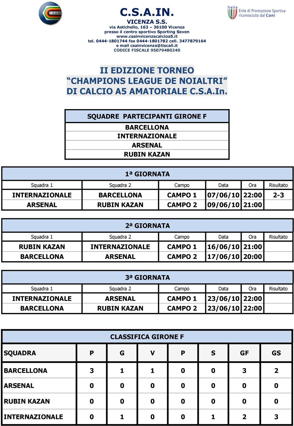 ARSENAL CAMPO 2 17/06/10 20:00 INTERNAZIONALE ARSENAL CAMPO 1 23/06/10 22:00 BARCELLONA RUBIN KAZAN CAMPO 2 23/06/10