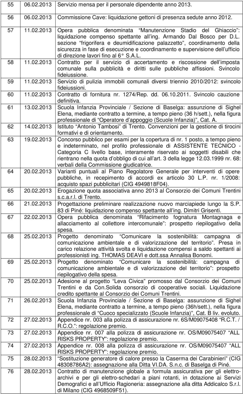 sezione frigorifera e deumidificazione palazzetto, coordinamento della sicurezza in fase di esecuzione e coordinamento e supervisione dell ufficio di direzione lavori fino al 6 S.A.L. 58 11.02.