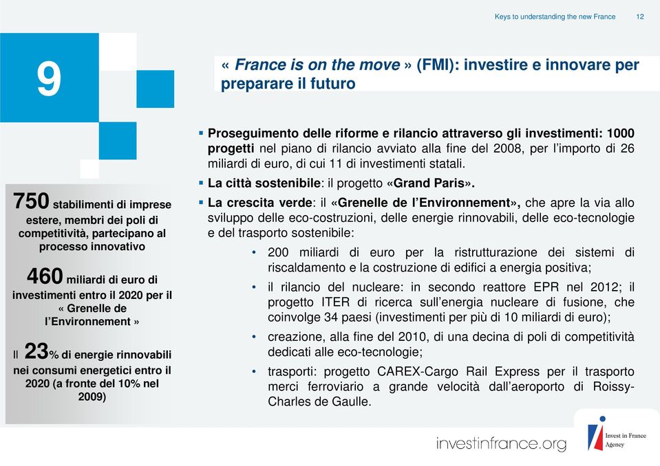 2009) Proseguimento delle riforme e rilancio attraverso gli investimenti: 1000 progetti nel piano di rilancio avviato alla fine del 2008, per l importo di 26 miliardi di euro, di cui 11 di