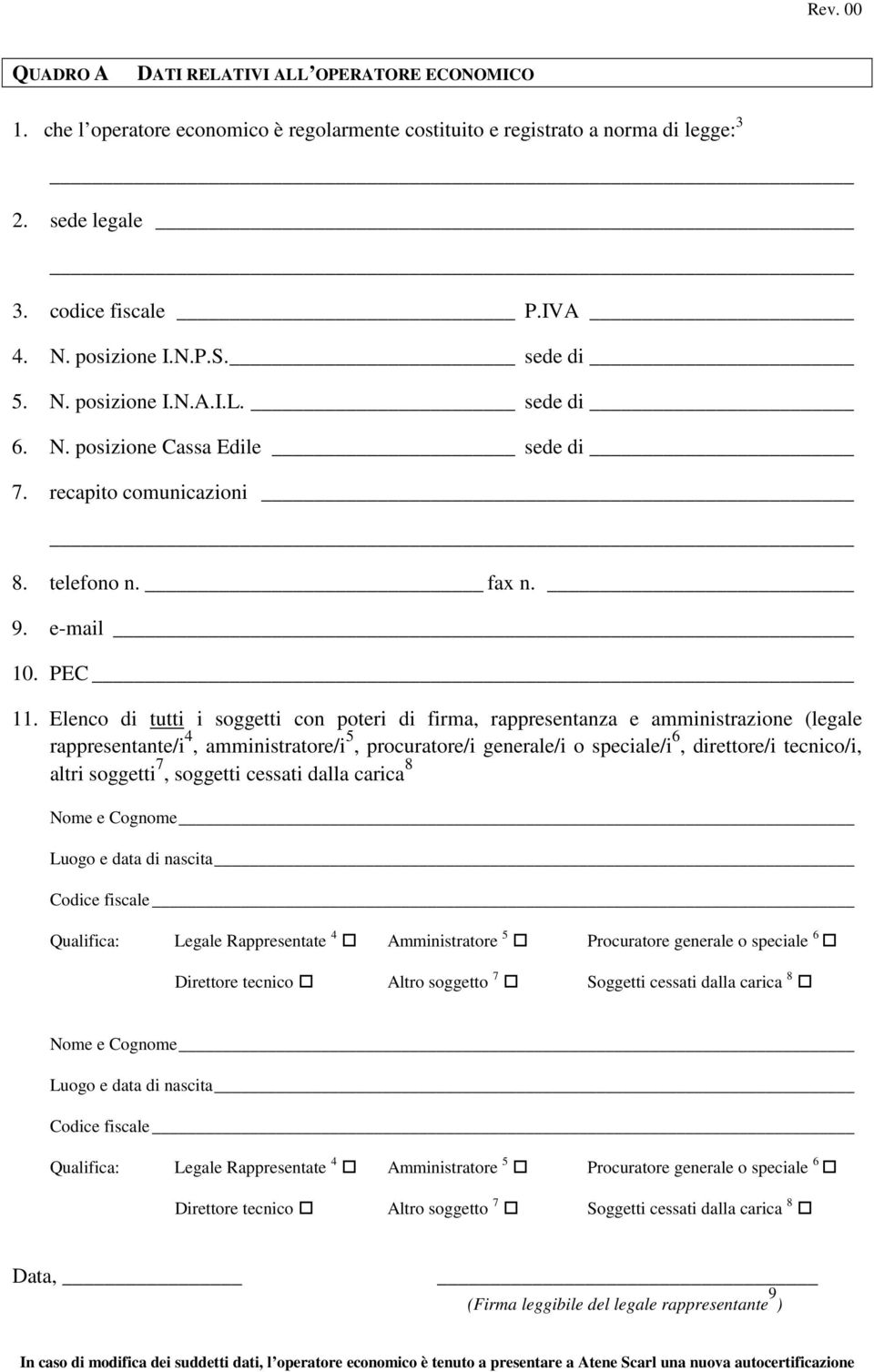 Elenco di tutti i soggetti con poteri di firma, rappresentanza e amministrazione (legale rappresentante/i 4, amministratore/i 5, procuratore/i generale/i o speciale/i 6,