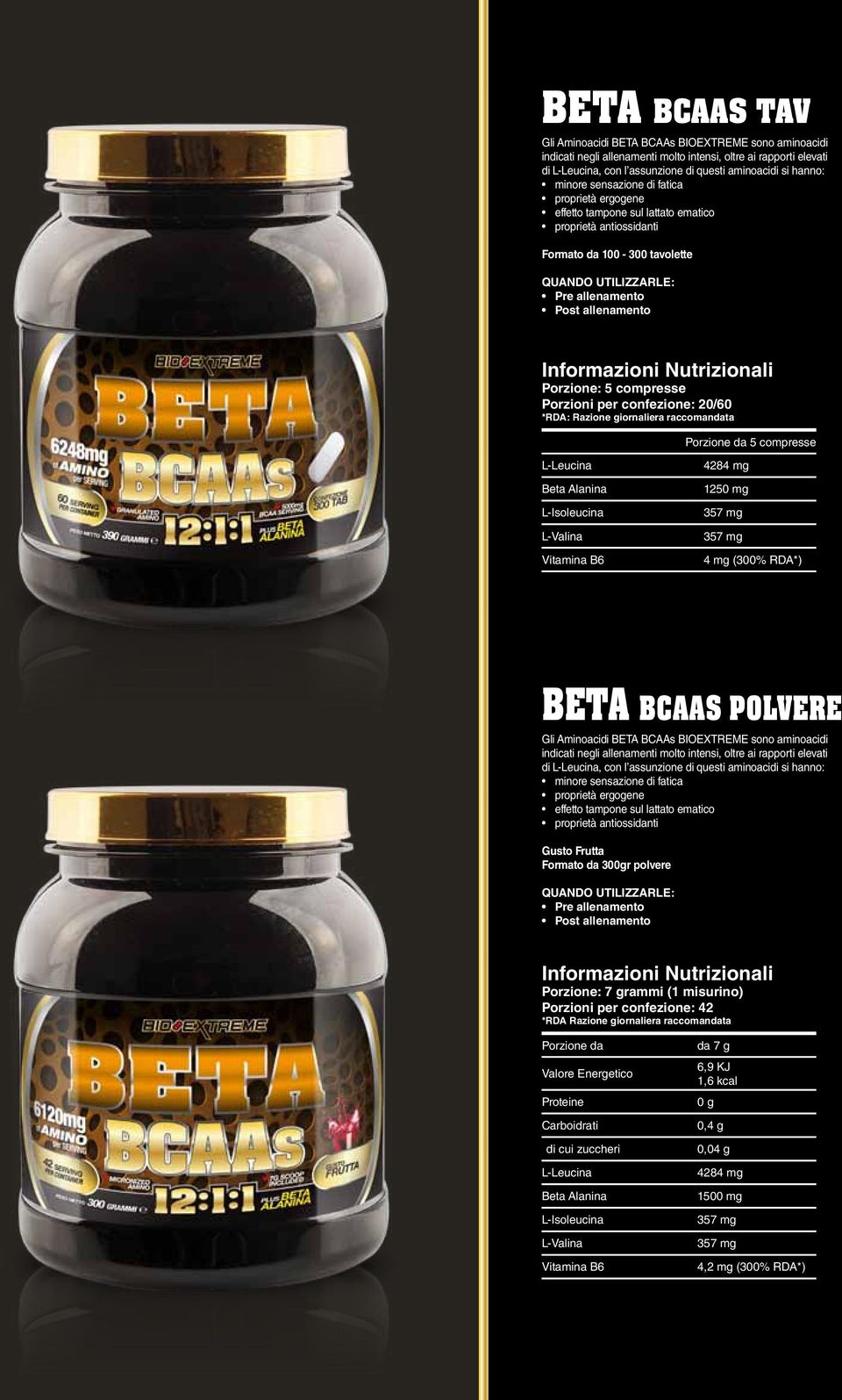 giornaliera raccomandata 5 compresse Beta Alanina 1250 mg 4 mg (300% RDA*) beta bcaas polvere Gli Aminoacidi BETA BCAAs BIOEXTREME sono aminoacidi indicati negli allenamenti molto intensi, oltre ai