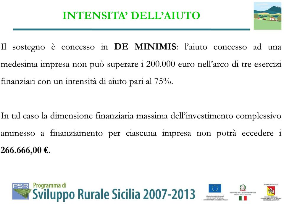 000 euro nell arco di tre esercizi finanziari con un intensità di aiuto pari al 75%.