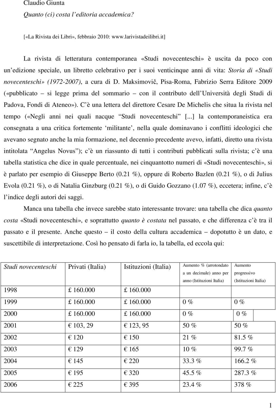 novecenteschi» (1972-2007), a cura di D.