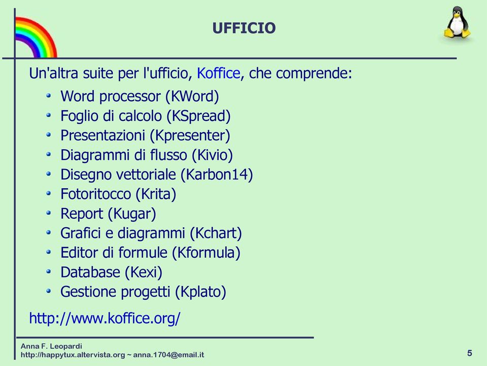 Fotoritocco (Krita) Report (Kugar) Grafici e diagrammi (Kchart) Editor di formule (Kformula) Database