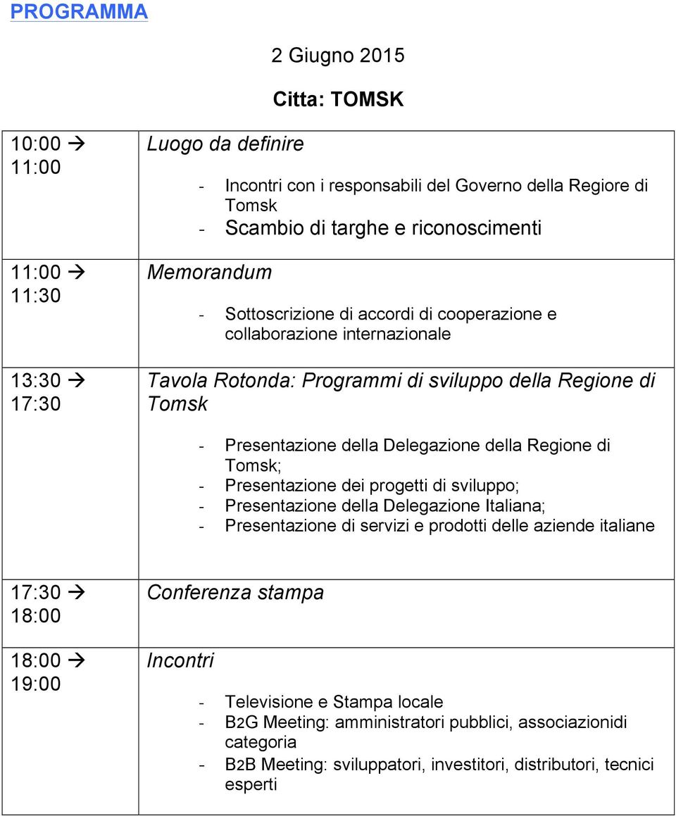 Delegazione della Regione di Tomsk; - Presentazione dei progetti di sviluppo; - Presentazione della Delegazione Italiana; - Presentazione di servizi e prodotti delle aziende italiane 17:30 "