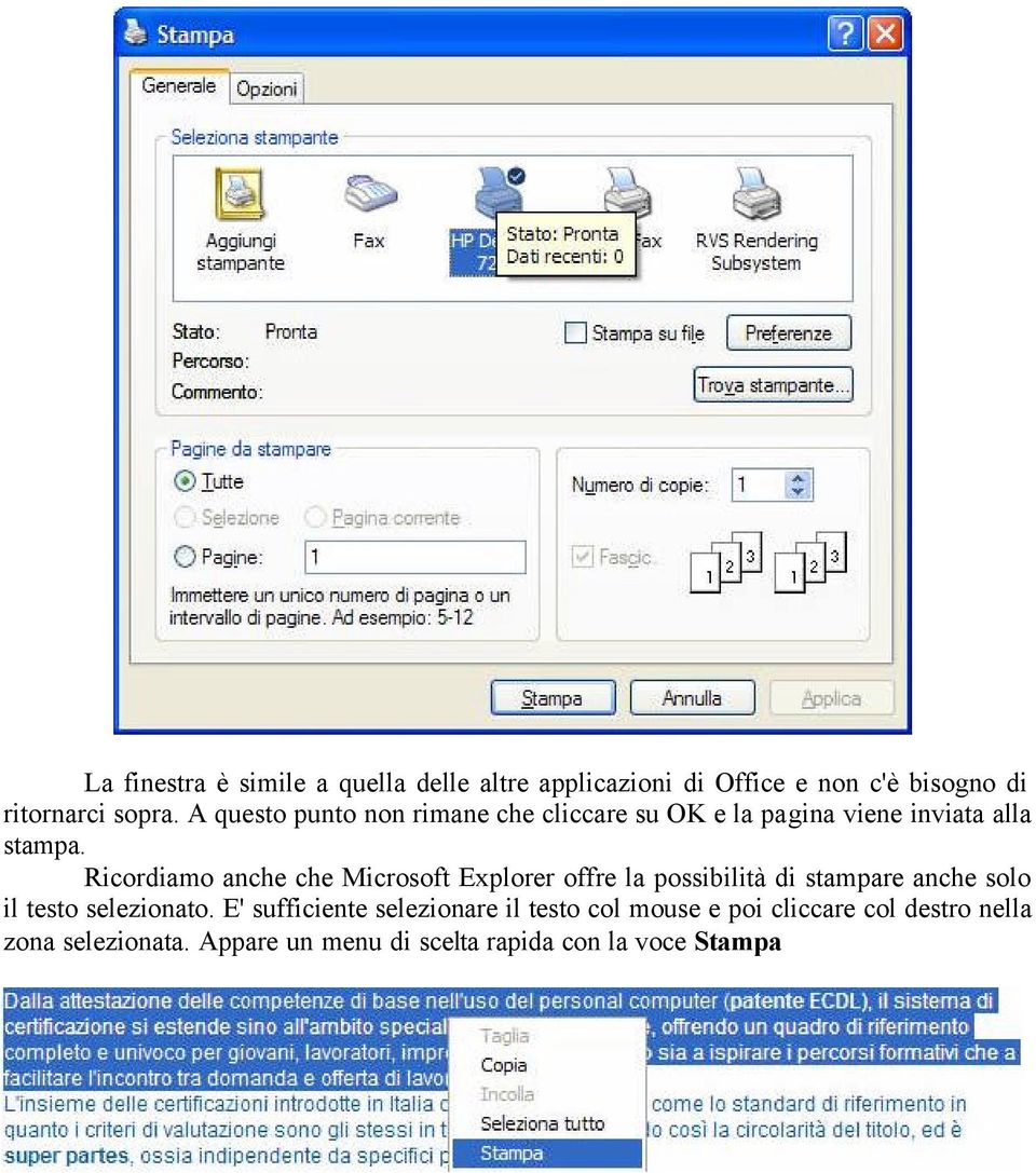 Ricordiamo anche che Microsoft Explorer offre la possibilità di stampare anche solo il testo selezionato.
