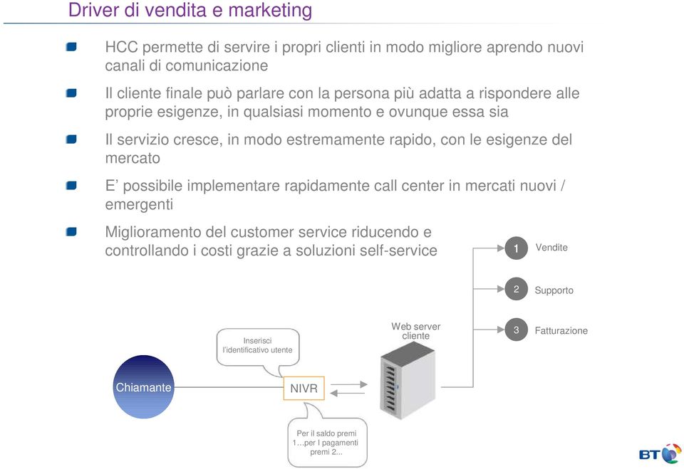 mercato E possibile implementare rapidamente call center in mercati nuovi / emergenti Miglioramento del customer service riducendo e controllando i costi grazie a