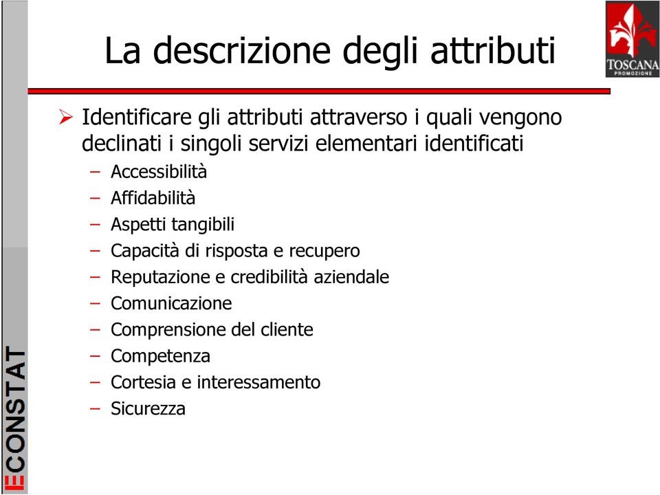 Affidabilità Aspetti tangibili Capacità di risposta e recupero Reputazione e