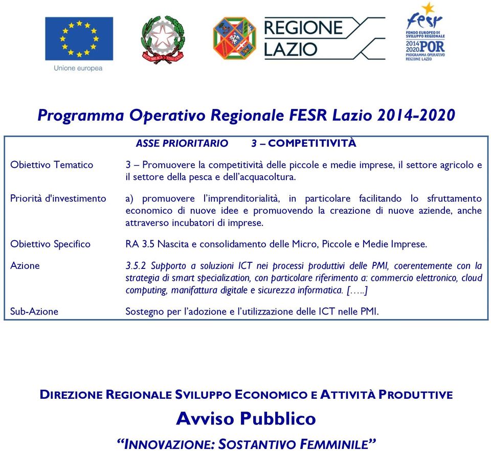 a) promuovere l imprenditorialità, in particolare facilitando lo sfruttamento economico di nuove idee e promuovendo la creazione di nuove aziende, anche attraverso incubatori di imprese. RA 3.