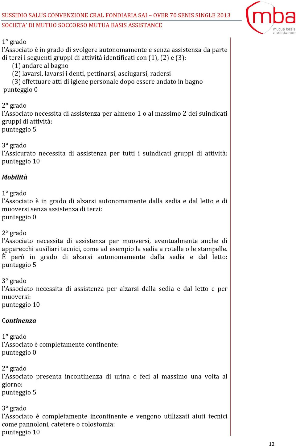 suindicati gruppi di attività: punteggio 5 3 grado l Assicurato necessita di assistenza per tutti i suindicati gruppi di attività: punteggio 10 Mobilità 1 grado l Associato è in grado di alzarsi