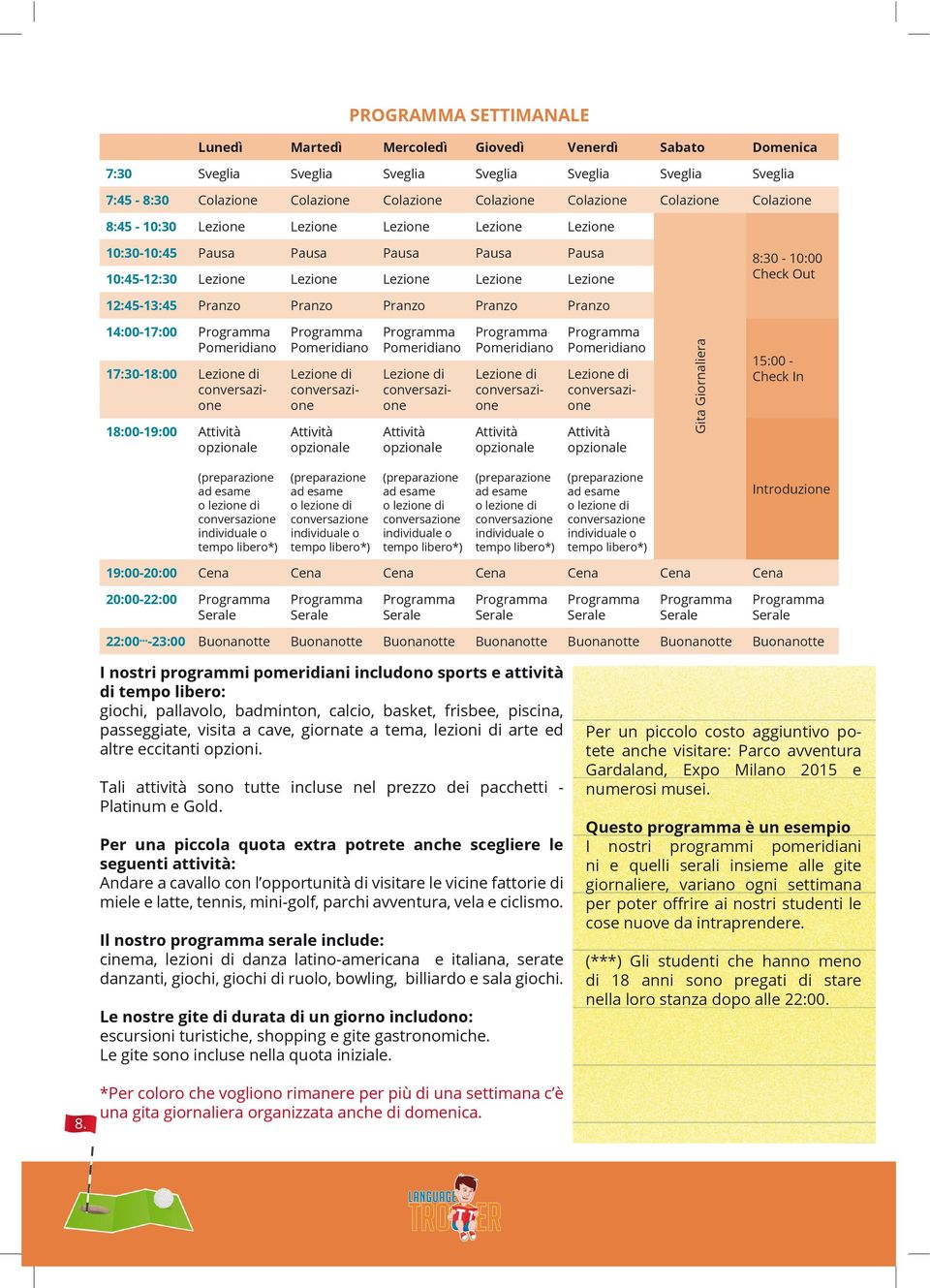 Pranzo Pranzo Pranzo Pranzo Pranzo 14:00-17:00 Pomeridiano 17:30-18:00 Lezione di 18:00-19:00 Attività opzionale Pomeridiano Lezione di Attività opzionale Pomeridiano Lezione di Attività opzionale