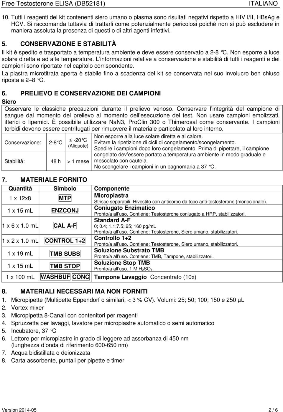 CONSERVAZIONE E STABILITÀ Il kit è spedito e trasportato a temperatura ambiente e deve essere conservato a 2-8 C. Non esporre a luce solare diretta e ad alte temperature.