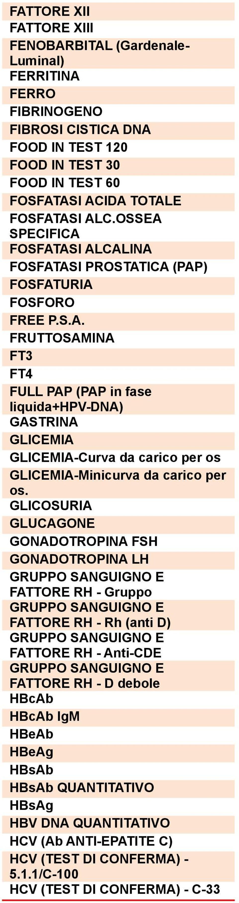 GLICOSURIA GLUCAGONE GONADOTROPINA FSH GONADOTROPINA LH GRUPPO SANGUIGNO E FATTORE RH - Gruppo GRUPPO SANGUIGNO E FATTORE RH - Rh (anti D) GRUPPO SANGUIGNO E FATTORE RH - Anti-CDE GRUPPO SANGUIGNO E