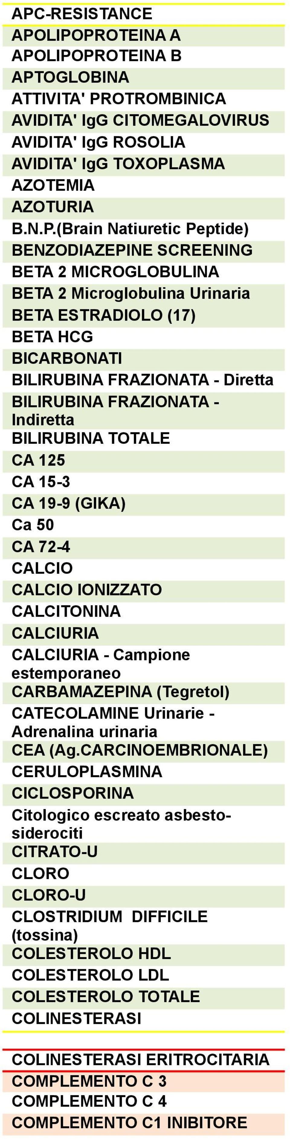 Indiretta BILIRUBINA TOTALE CA 125 CA 15-3 CA 19-9 (GIKA) Ca 50 CA 72-4 CALCIO CALCIO IONIZZATO CALCITONINA CALCIURIA CALCIURIA - Campione estemporaneo CARBAMAZEPINA (Tegretol) CATECOLAMINE Urinarie