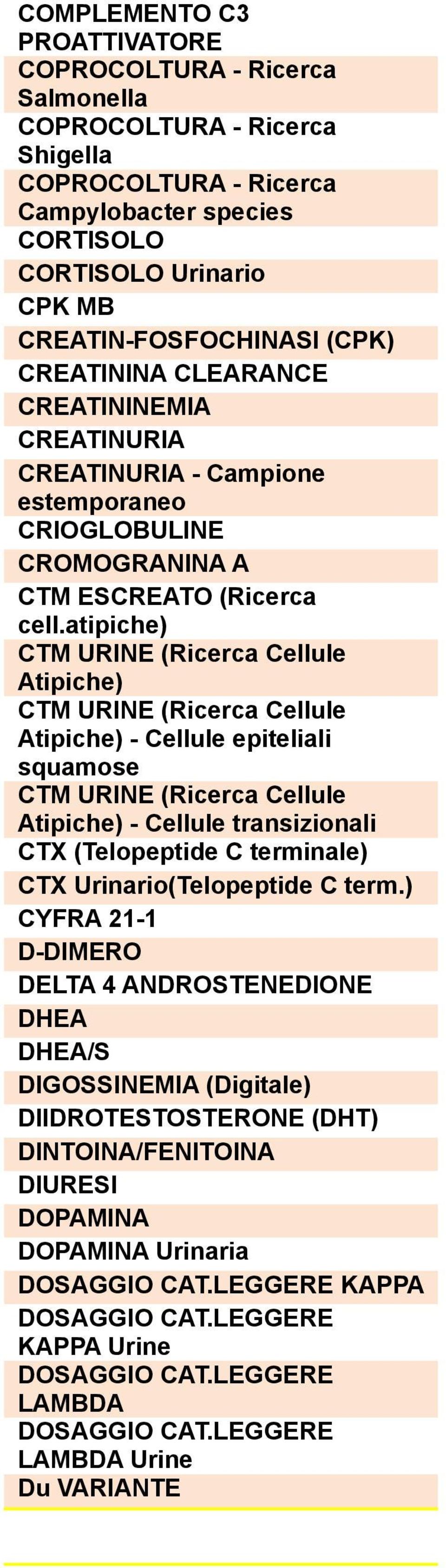 atipiche) CTM URINE (Ricerca Cellule Atipiche) CTM URINE (Ricerca Cellule Atipiche) - Cellule epiteliali squamose CTM URINE (Ricerca Cellule Atipiche) - Cellule transizionali CTX (Telopeptide C