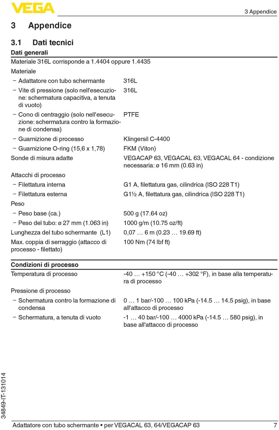 contro la formazio- PTFE ne di condensa) Ʋ Guarnizione di processo Klingersil C-4400 Ʋ Guarnizione O-ring (15,6 x 1,78) FKM (Viton) Sonde di misura adatte VEGACAP 63, VEGACAL 63, VEGACAL 64 -