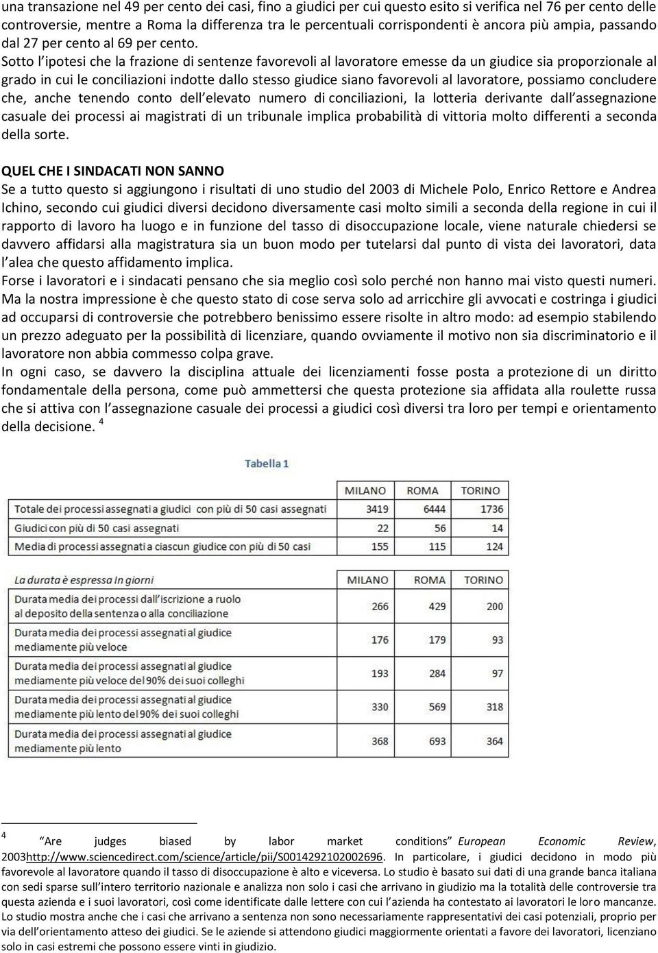 Sotto l ipotesi che la frazione di sentenze favorevoli al lavoratore emesse da un giudice sia proporzionale al grado in cui le conciliazioni indotte dallo stesso giudice siano favorevoli al