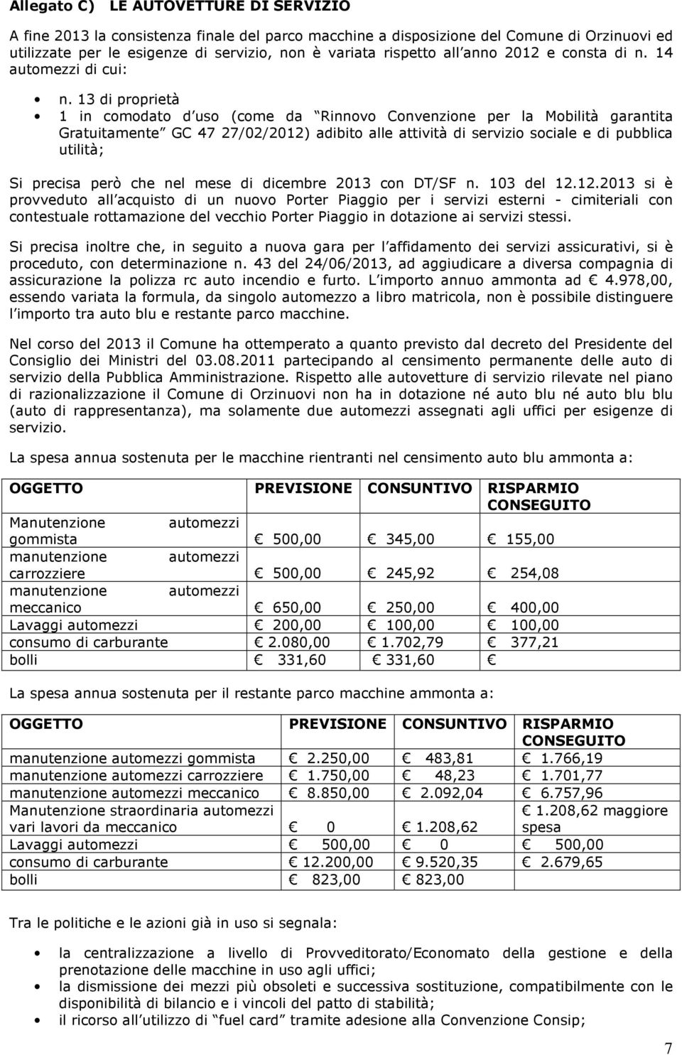 13 di proprietà 1 in comodato d uso (come da Rinnovo Convenzione per la Mobilità garantita Gratuitamente GC 47 27/02/2012) adibito alle attività di servizio sociale e di pubblica utilità; Si precisa