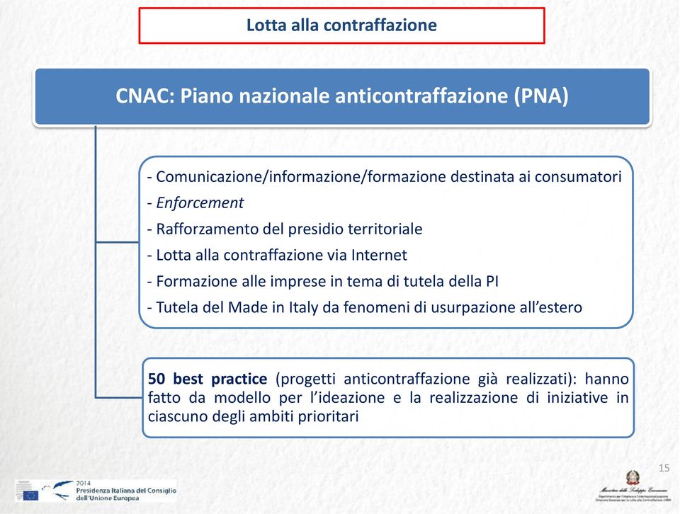 tema di tutela della PI - Tutela del Made in Italy da fenomeni di usurpazione all estero 50 best practice (progetti
