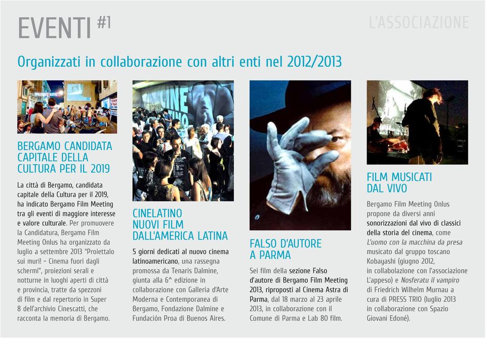 Per promuovere la Candidatura, Bergamo Film Meeting Onlus ha organizzato da luglio a settembre 2013 Proiettalo sui muri!