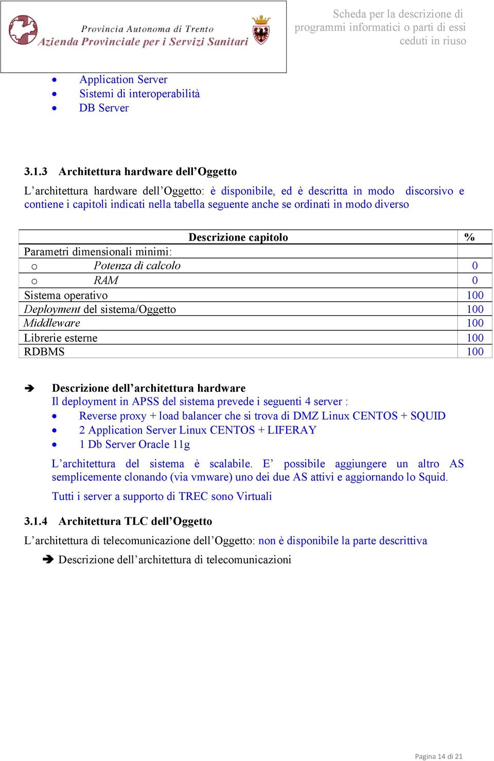 modo diverso Descrizione capitolo % Parametri dimensionali minimi: o Potenza di calcolo 0 o RAM 0 Sistema operativo 100 Deployment del sistema/oggetto 100 Middleware 100 Librerie esterne 100 RDBMS