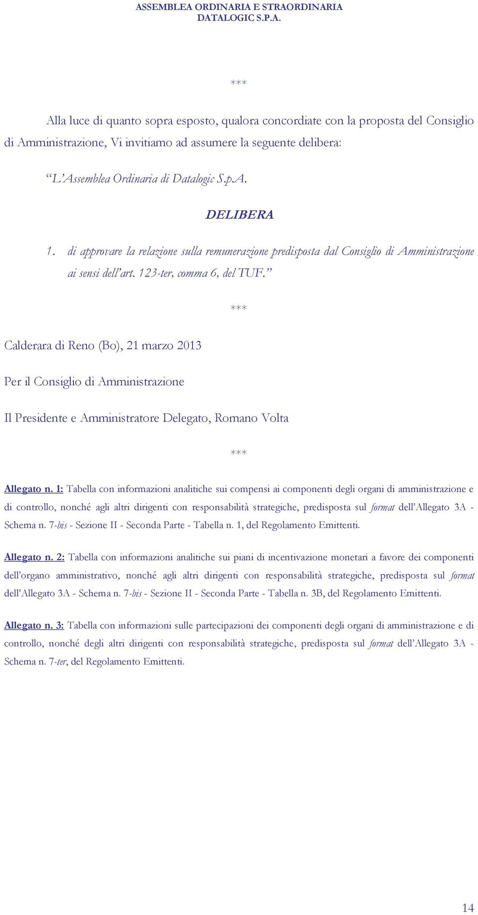 *** Calderara di Reno (Bo), 21 marzo 2013 Per il Consiglio di Amministrazione Il Presidente e Amministratore Delegato, Romano Volta *** Allegato n.