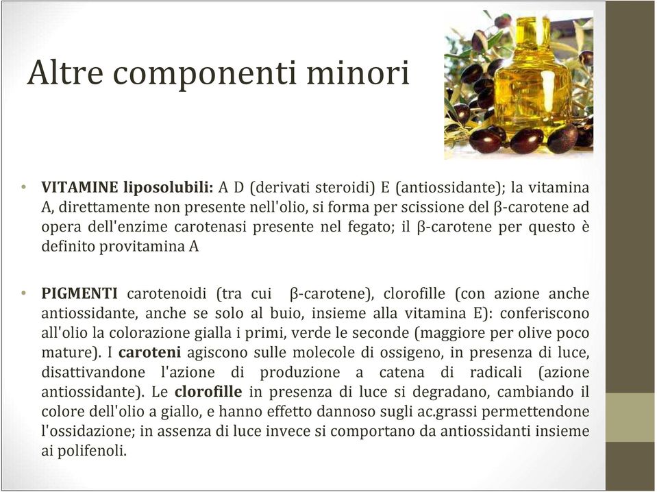 buio, insieme alla vitamina E): conferiscono all'olio la colorazione gialla i primi, verde le seconde (maggiore per olive poco mature).