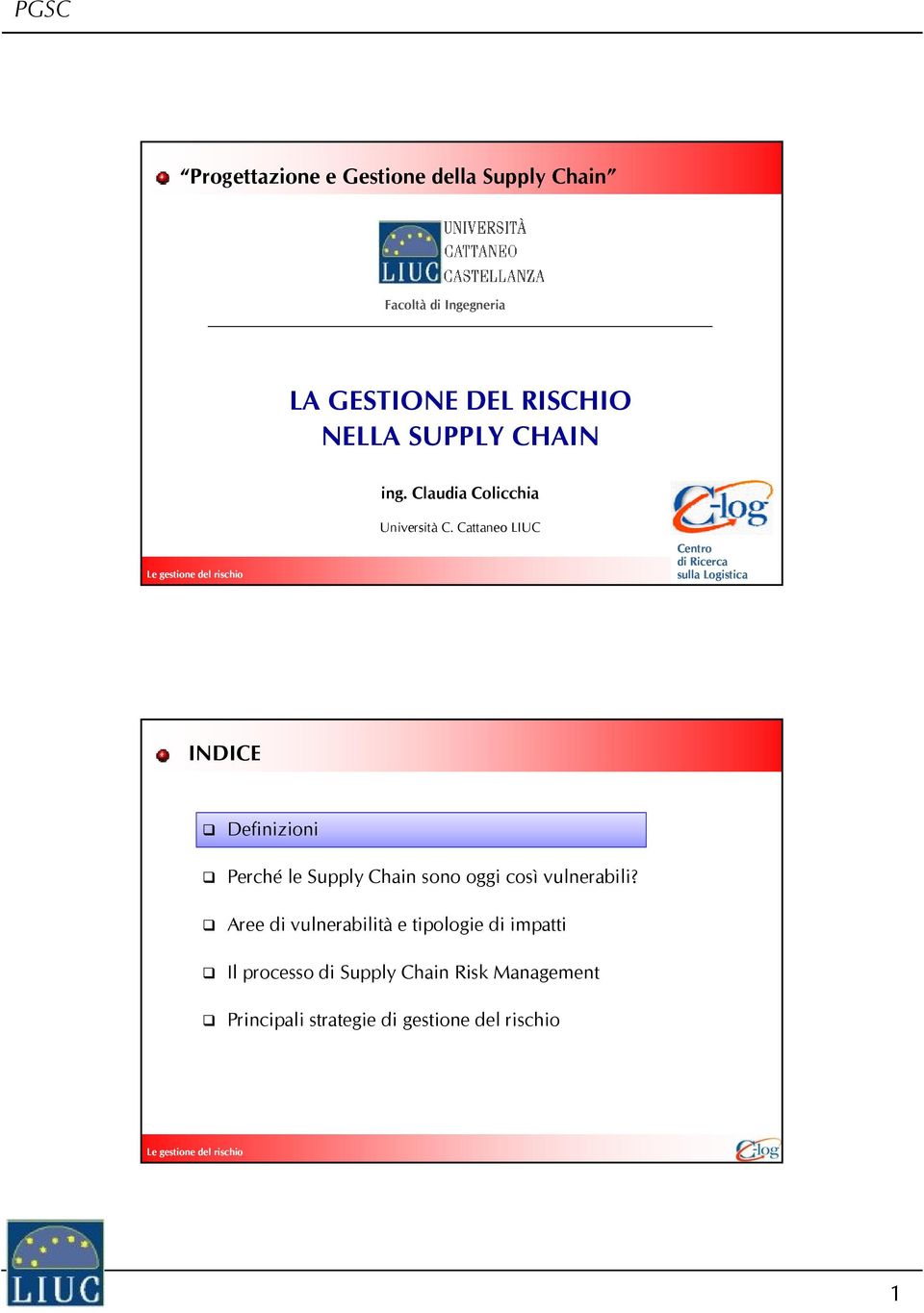 Cattaneo LIUC Centro di Ricerca sulla Logistica 1 INDICE Definizioni Perché le Supply Chain sono oggi