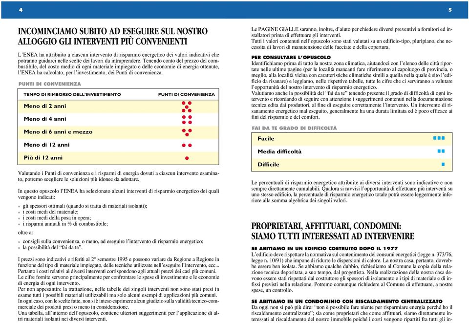 Tenendo conto del prezzo del combustibile, del costo medio di ogni materiale impiegato e delle economie di energia ottenute, l ENEA ha calcolato, per l investimento, dei Punti di convenienza.