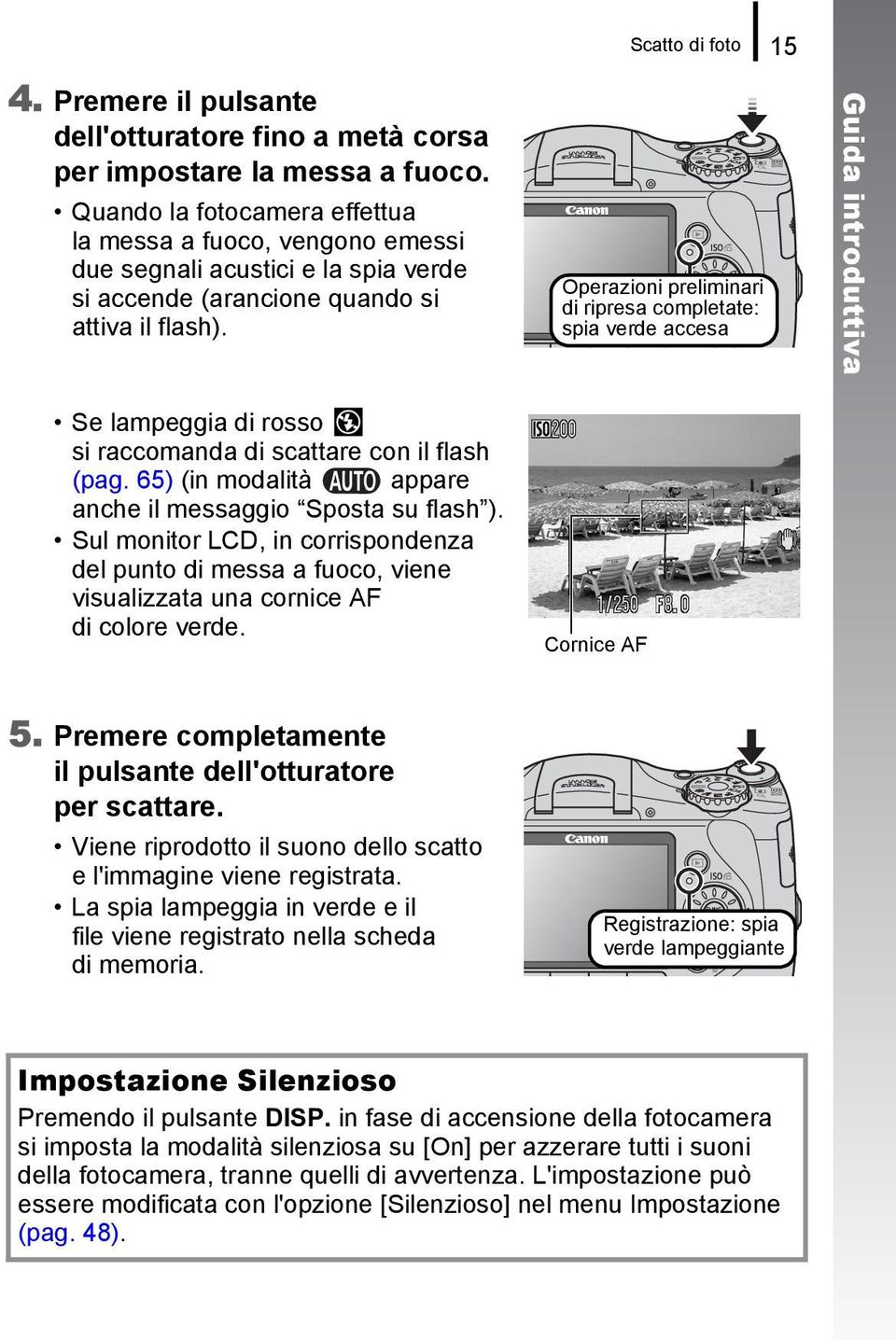 Operazioni preliminari di ripresa completate: spia verde accesa Guida introduttiva Se lampeggia di rosso si raccomanda di scattare con il flash (pag.