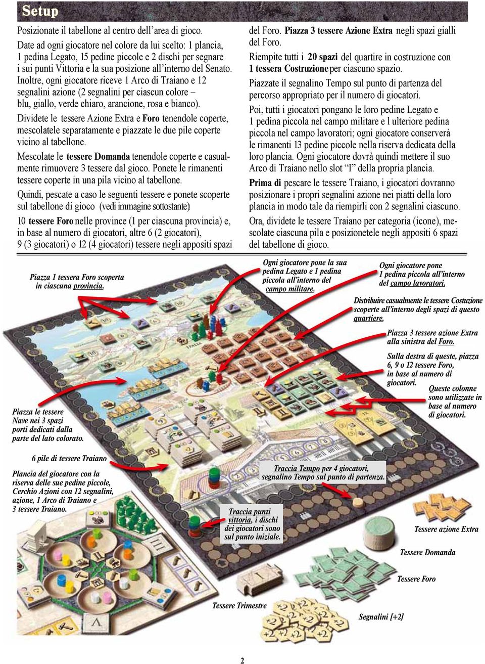 Inoltre, ogni giocatore riceve 1 Arco di Traiano e 12 segnalini azione (2 segnalini per ciascun colore blu, giallo, verde chiaro, arancione, rosa e bianco).