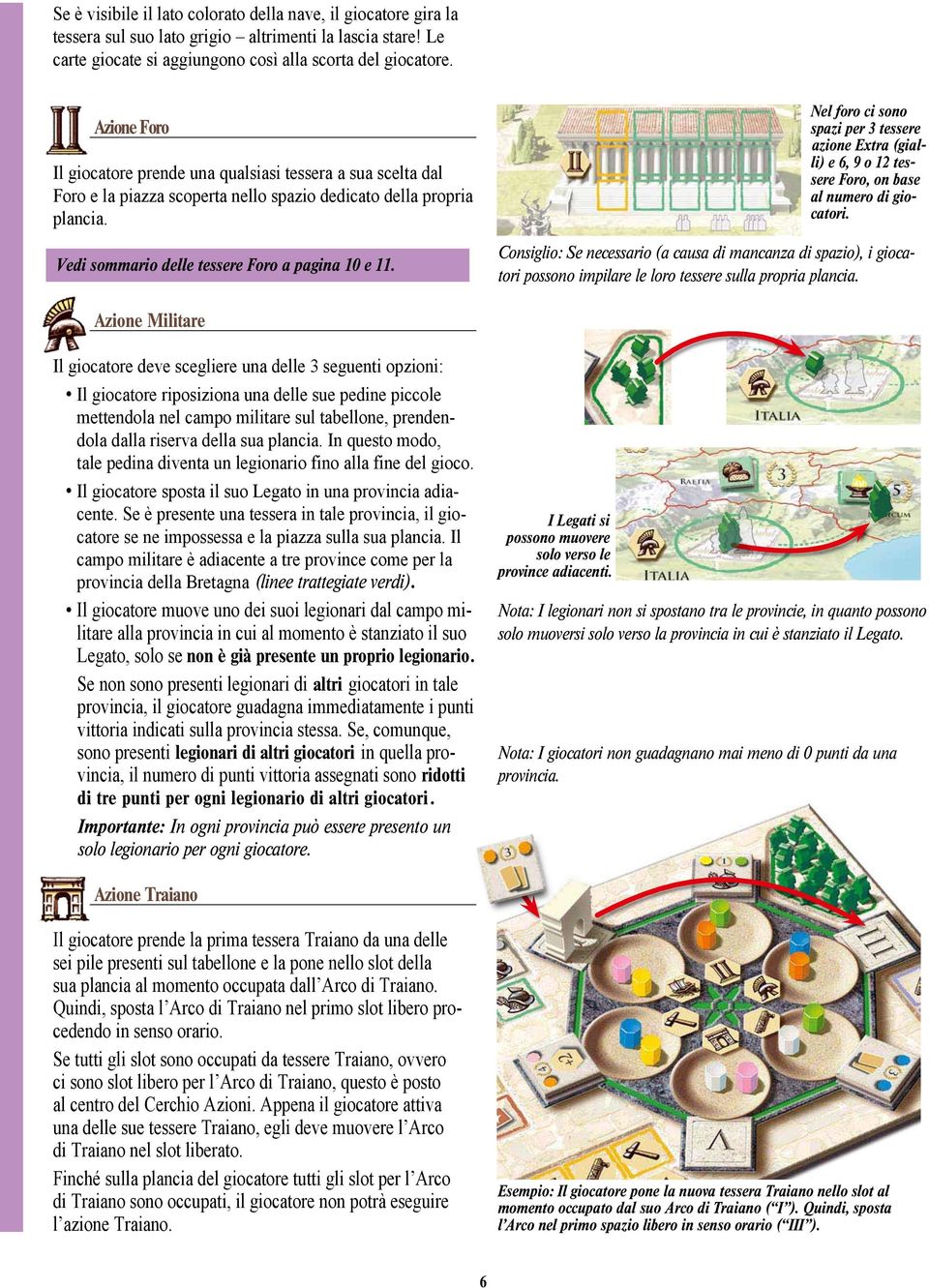 Nel foro ci sono spazi per 3 tessere azione Extra (gialli) e 6, 9 o 12 tessere Foro, on base al numero di giocatori.