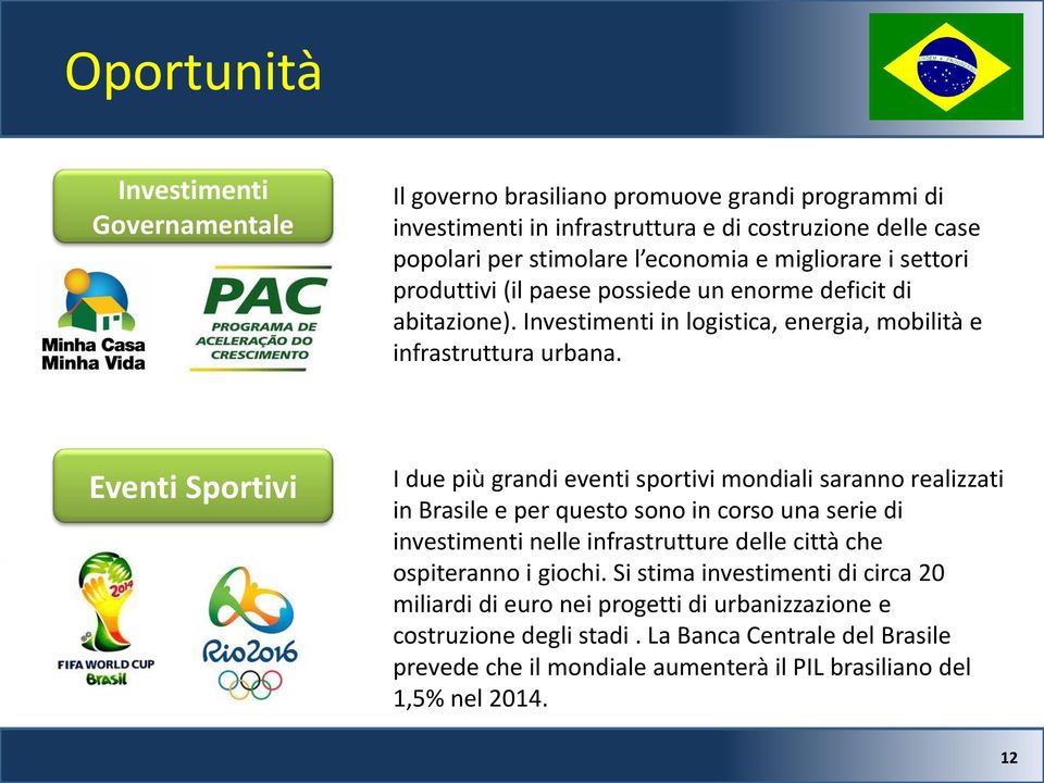 Eventi Sportivi I due più grandi eventi sportivi mondiali saranno realizzati in Brasile e per questo sono in corso una serie di investimenti nelle infrastrutture delle città che