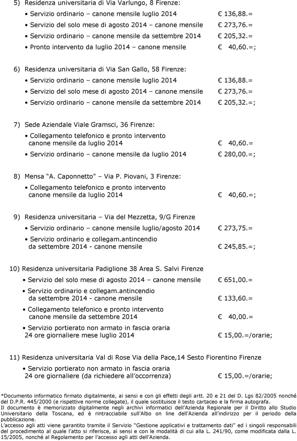 =; 6) Residenza universitaria di Via San Gallo, 58 Firenze: Servizio ordinario canone mensile luglio 2014 136,88.= Servizio del solo mese di agosto 2014 canone mensile 273,76.