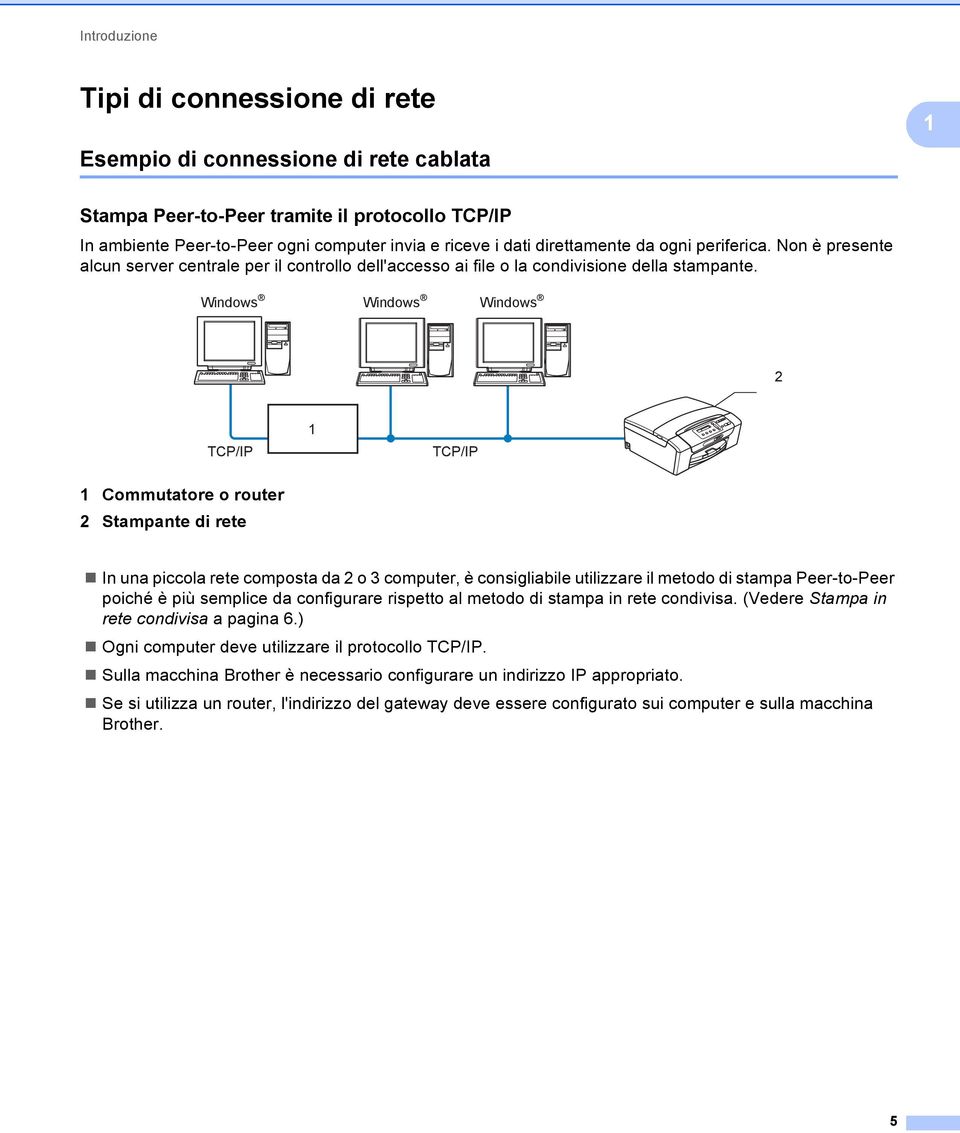 Windows Windows Windows 2 TCP/IP 1 TCP/IP 1 Commutatore o router 2 Stampante di rete In una piccola rete composta da 2 o 3 computer, è consigliabile utilizzare il metodo di stampa Peer-to-Peer poiché