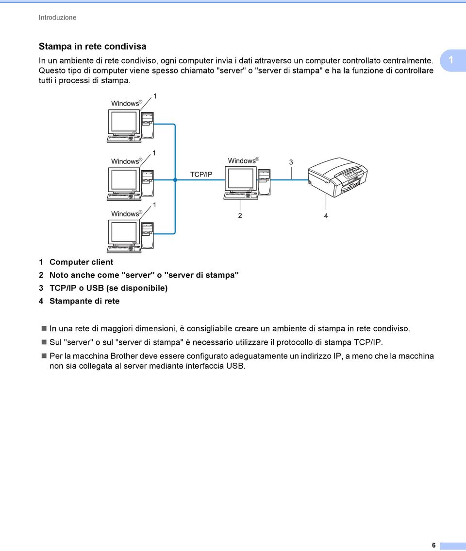 1 1 Computer client 2 Noto anche come "server" o "server di stampa" 3 TCP/IP o USB (se disponibile) 4 Stampante di rete In una rete di maggiori dimensioni, è consigliabile creare un