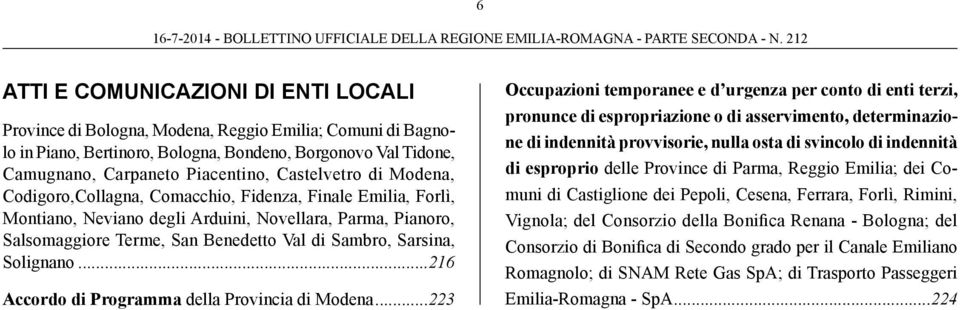 Sarsina, Solignano...216 Accordo di Programma della Provincia di Modena.