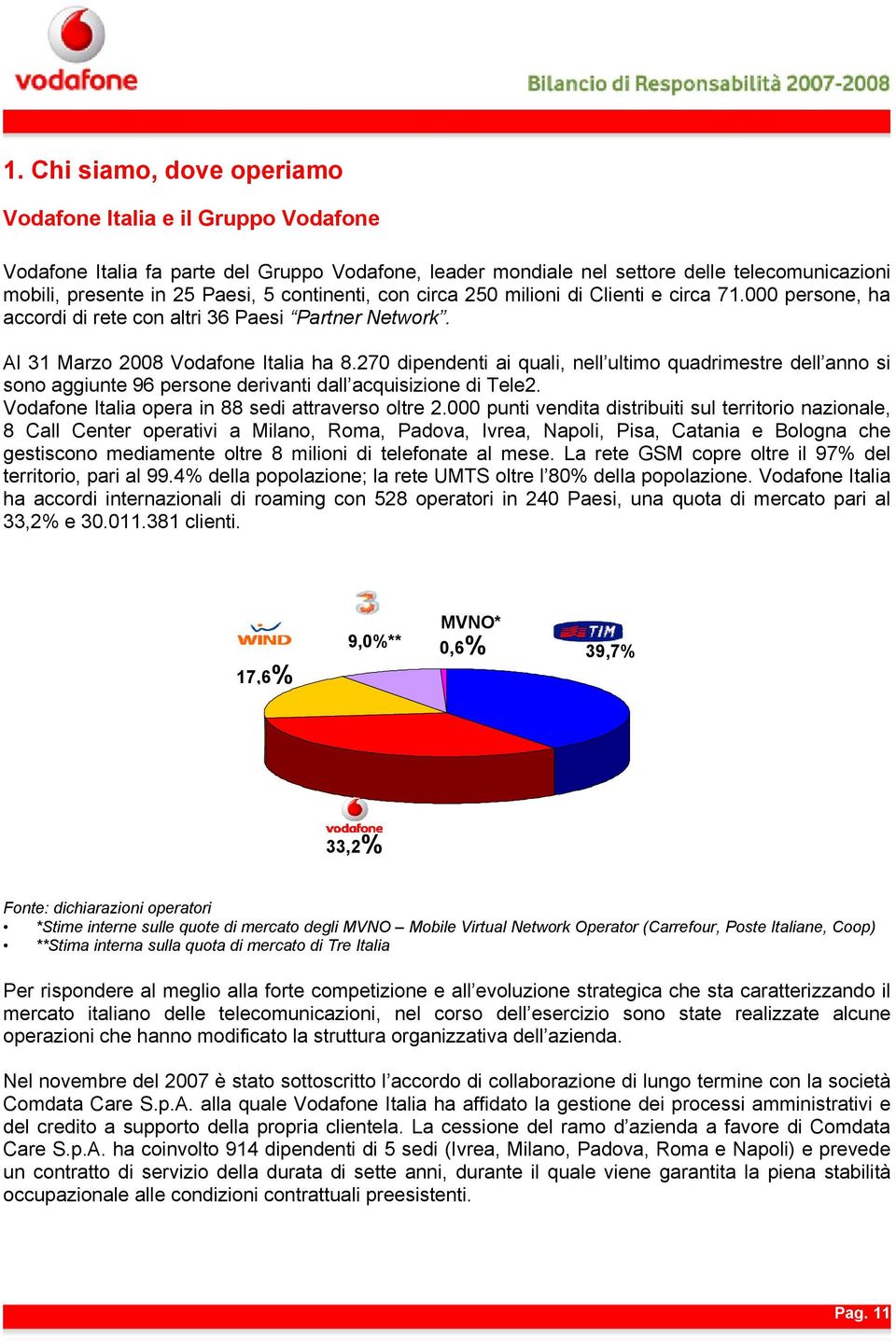 270 dipendenti ai quali, nell ultimo quadrimestre dell anno si sono aggiunte 96 persone derivanti dall acquisizione di Tele2. Vodafone Italia opera in 88 sedi attraverso oltre 2.