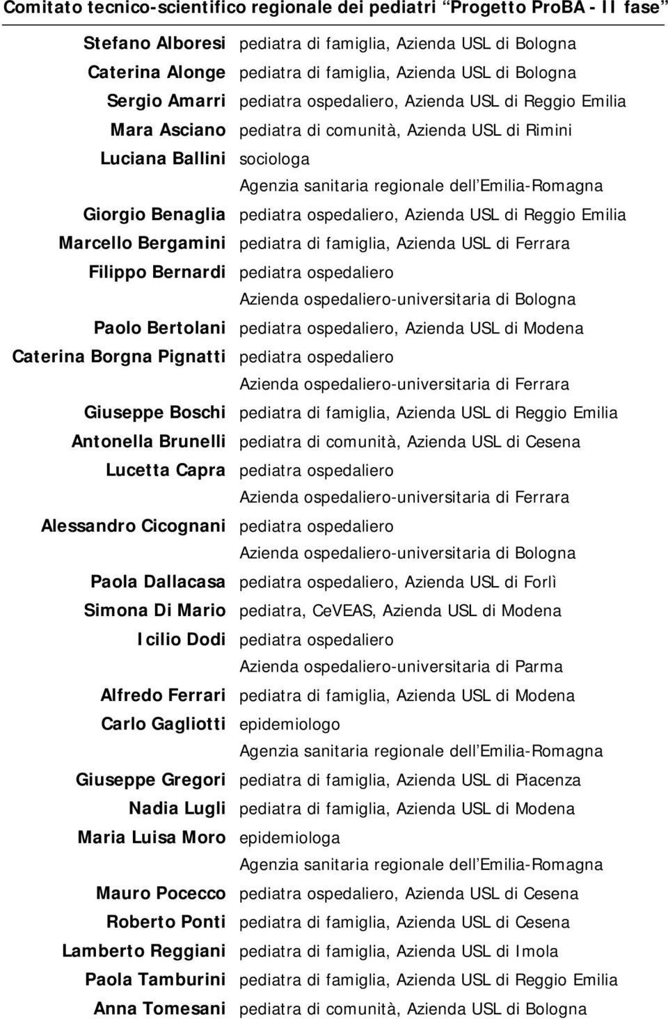 Giorgio Benaglia pediatra ospedaliero, Azienda USL di Reggio Emilia Marcello Bergamini pediatra di famiglia, Azienda USL di Ferrara Filippo Bernardi pediatra ospedaliero Azienda