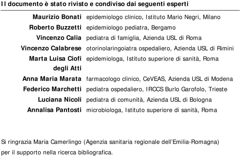 Anna Maria Marata farmacologo clinico, CeVEAS, Azienda USL di Modena Federico Marchetti pediatra ospedaliero, IRCCS Burlo Garofolo, Trieste Luciana Nicoli pediatra di comunità, Azienda USL di