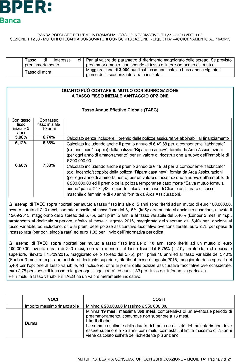 QUANTO PUÒ COSTARE IL MUTUO CON SURROGAZIONE A TASSO FISSO INIZIALE VANTAGGIO OPZIONE Con tasso fisso iniziale 5 Con tasso fisso iniziale 10 Tasso Annuo Effettivo Globale (TAEG) 5,98% 6,74% Calcolato