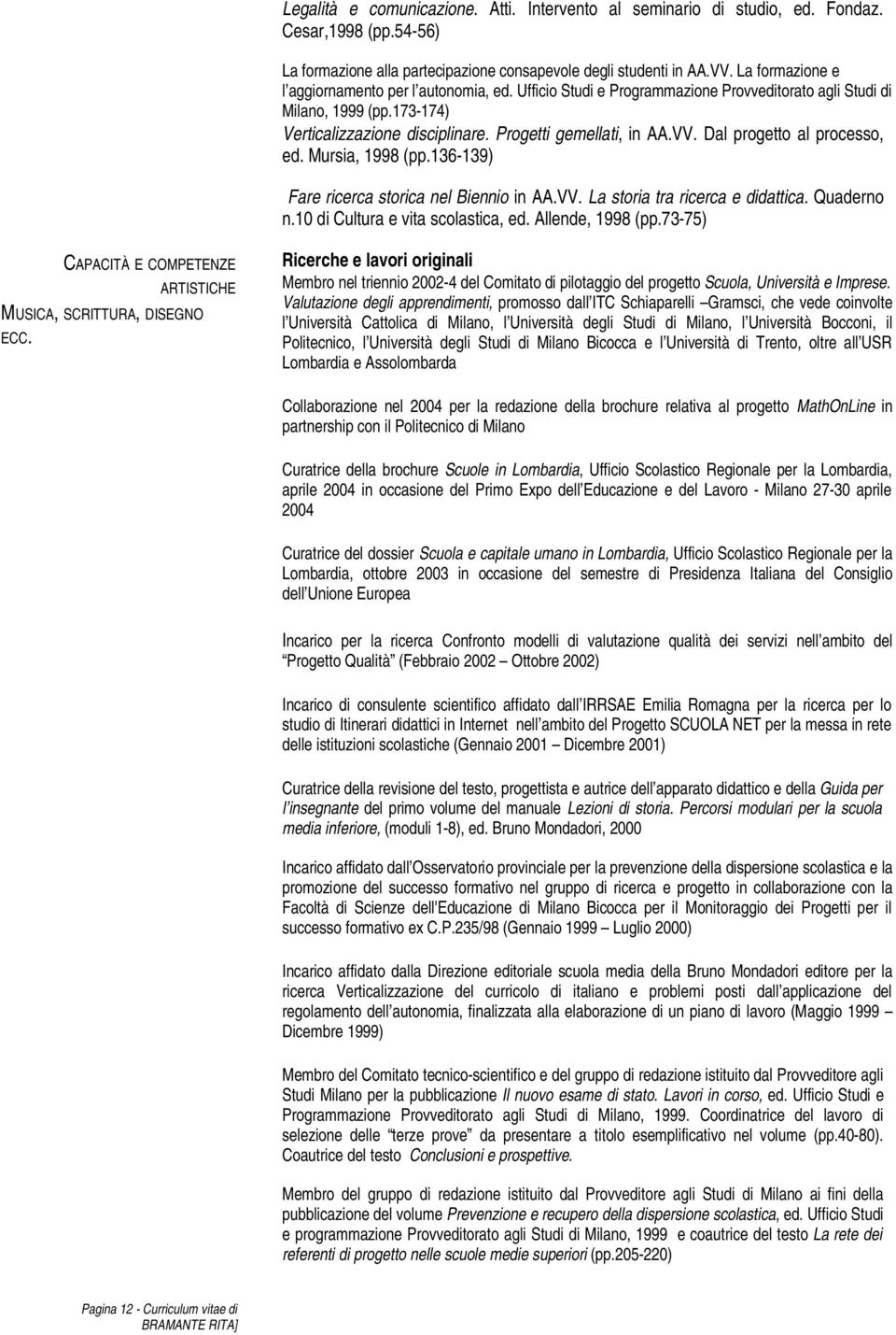 Dal progetto al processo, ed. Mursia, 1998 (pp.136-139) Fare ricerca storica nel Biennio in AA.VV. La storia tra ricerca e didattica. Quaderno n.10 di Cultura e vita scolastica, ed. Allende, 1998 (pp.