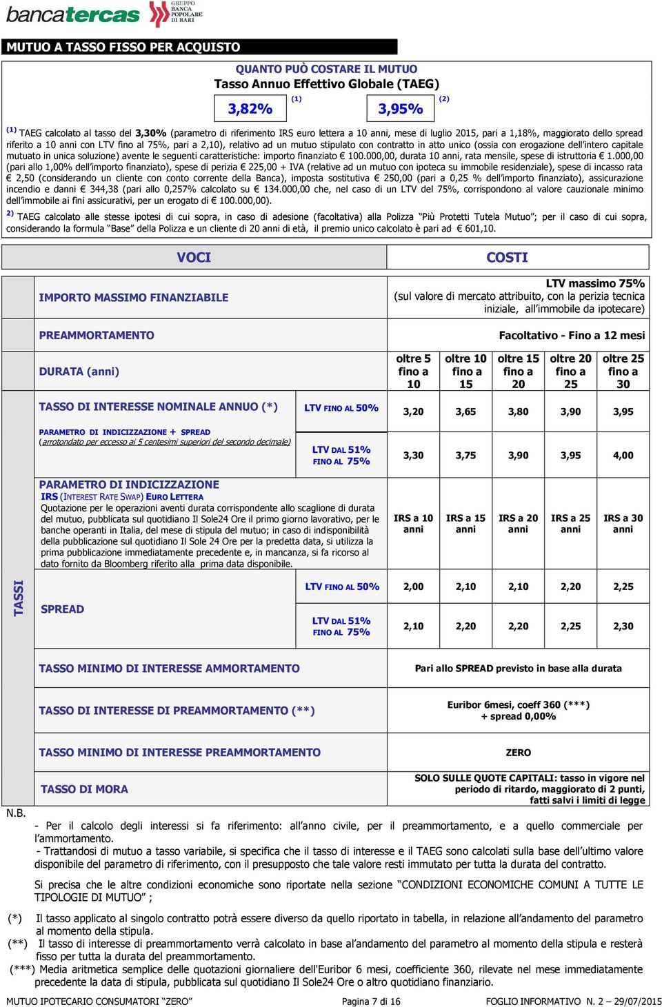 mutuato in unica soluzione) avente le seguenti caratteristiche: importo finanziato 100.000,00, durata 10, rata mensile, spese di istruttoria 1.