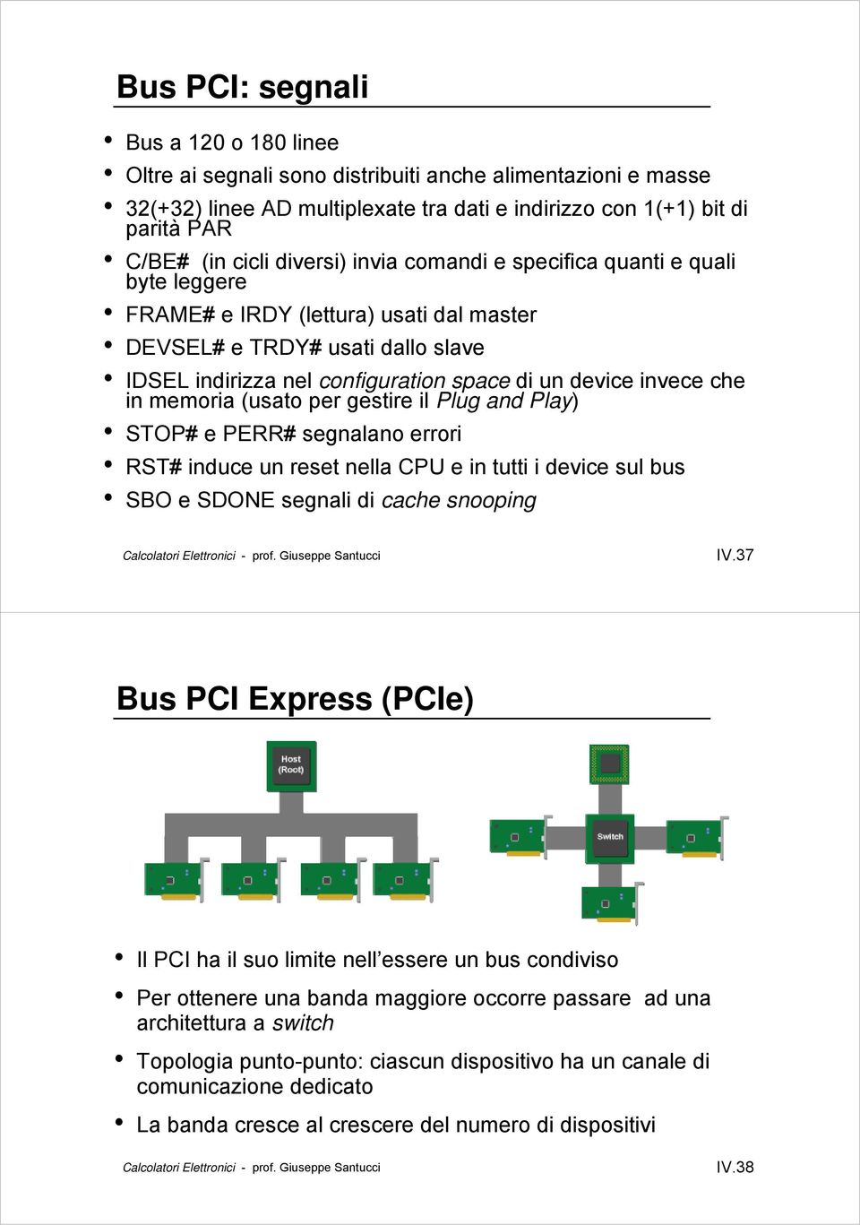 che in memoria (usato per gestire il Plug and Play) STOP# e PERR# segnalano errori RST# induce un reset nella CPU e in tutti i device sul bus SBO e SDONE segnali di cache snooping IV.