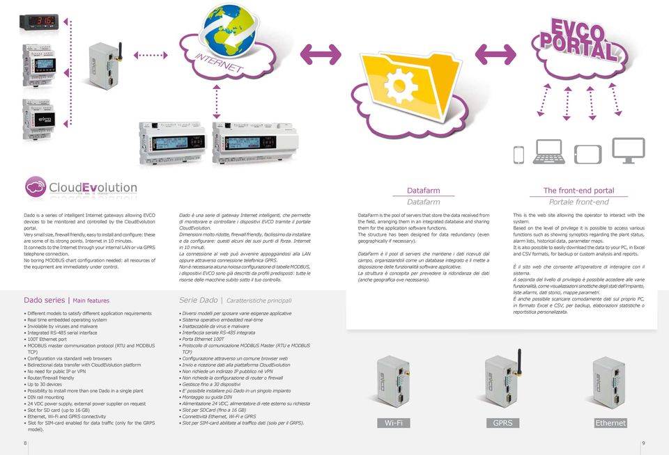 It connects to the Internet through your internal LAN or via GPRS telephone connection. No boring MODBUS chart configuration needed: all resources of the equipment are immediately under control.