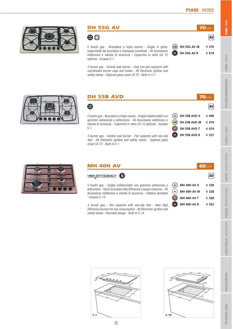 Built-in C-1 DH 55B D 5 fuochi gas - Bruciatore a tripla corona - Griglie indeformabili con gommini antiscivolo e antirumore - Accensione elettronica e valvole di sicurezza - Coperchio in vetro CA 72