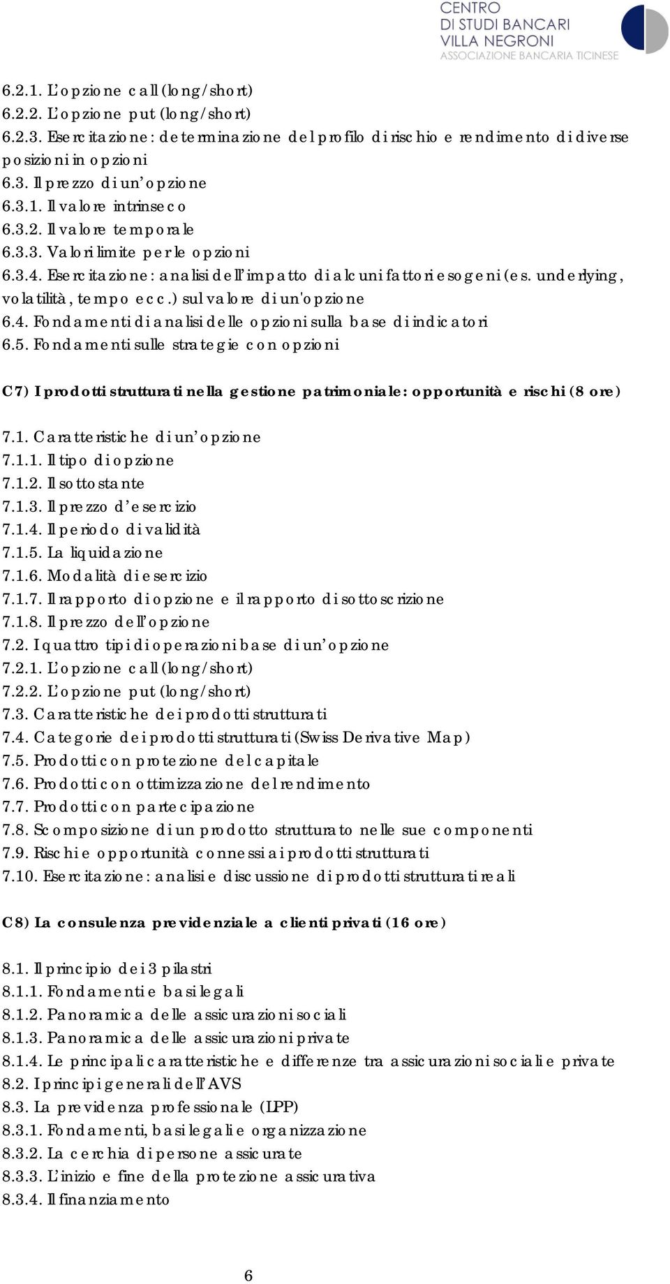 ) sul valore di un'opzione 6.4. Fondamenti di analisi delle opzioni sulla base di indicatori 6.5.