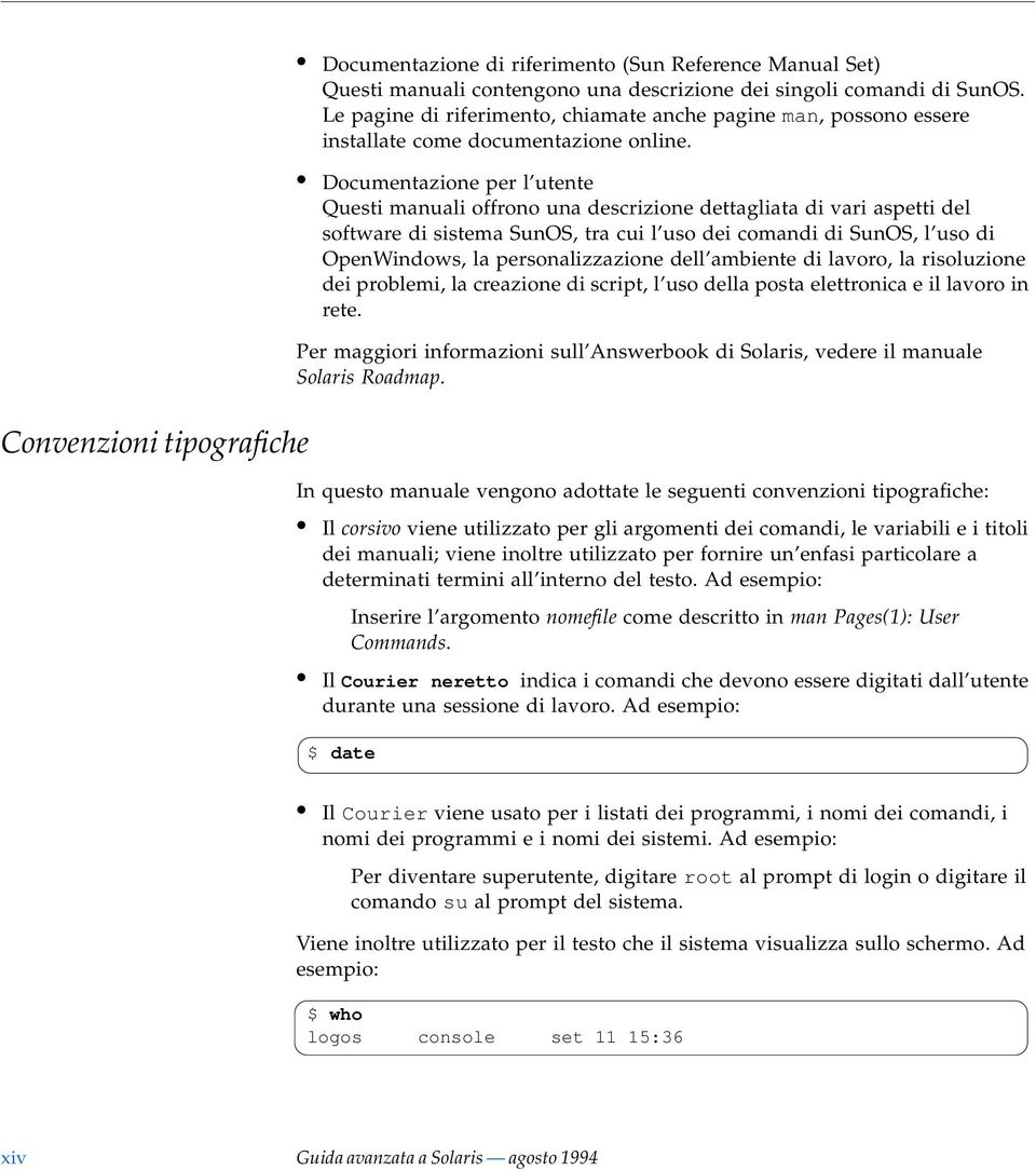 Documentazione per l utente Questi manuali offrono una descrizione dettagliata di vari aspetti del software di sistema SunOS, tra cui l uso dei comandi di SunOS, l uso di OpenWindows, la