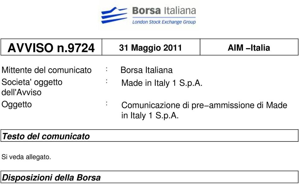 Italiana Societa' oggetto : Made in Italy 1 S.p.A.